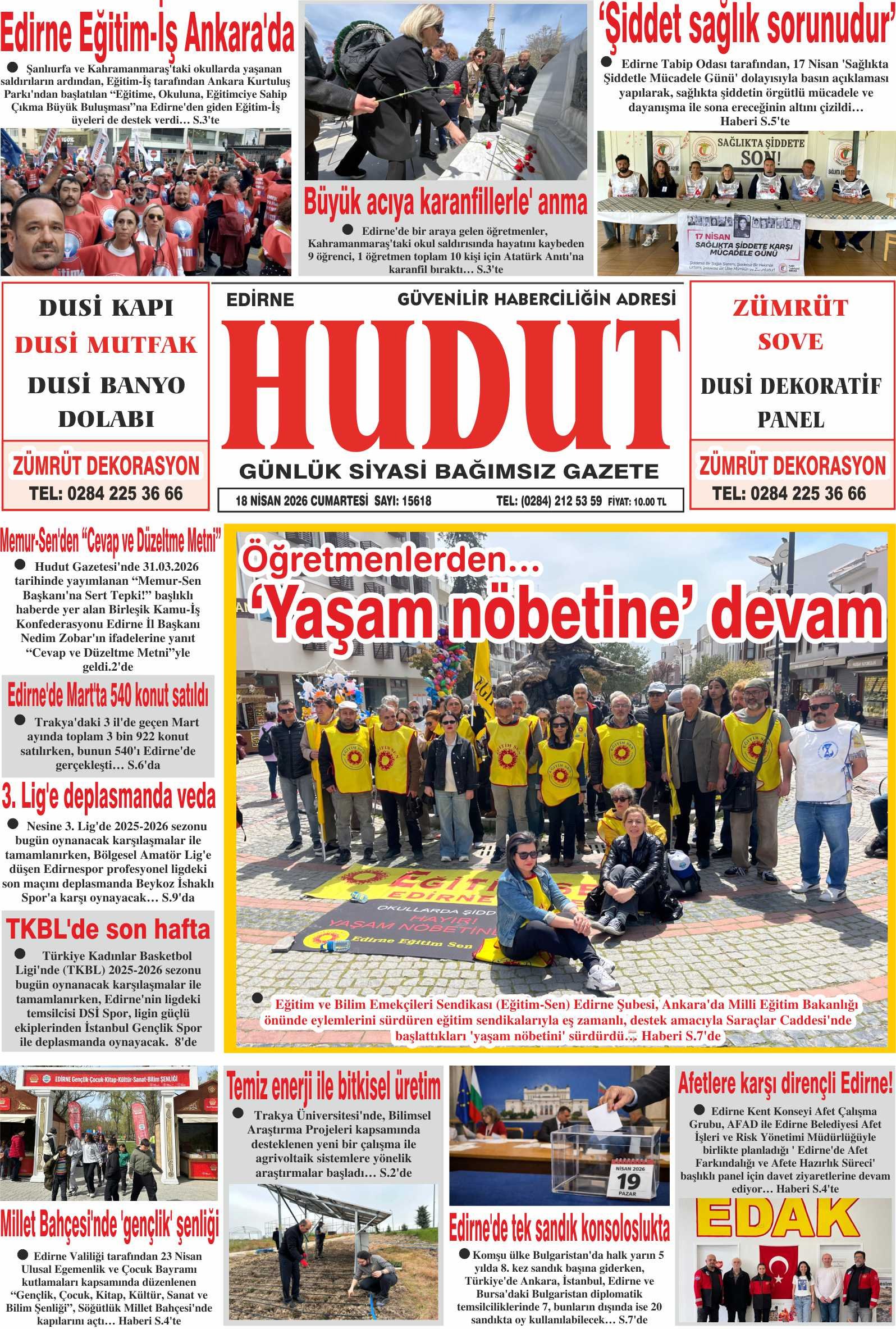 18 Nisan 2026 Cumartesi Hudut Gazetesi