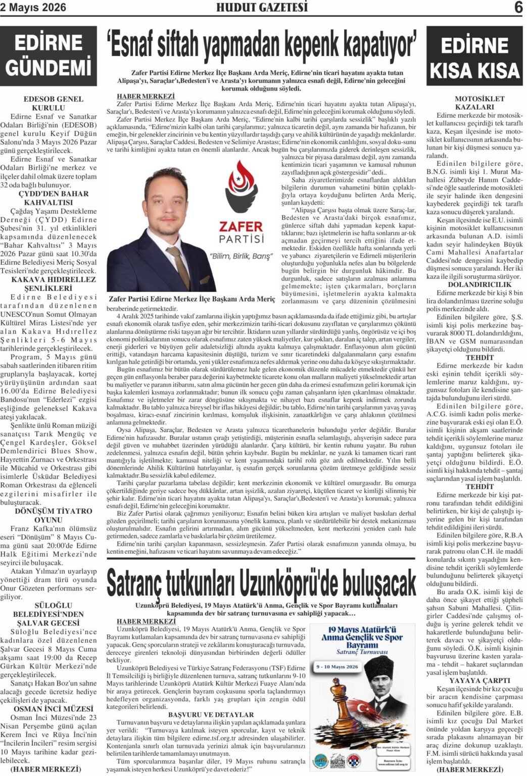 2 Mayıs 2026 Cumartesi Hudut Gazetesi