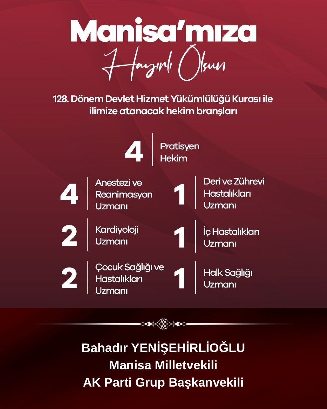 Manisa’ya yeni hekim ataması: 128. dönem kapsamında kadrolar açıklandı