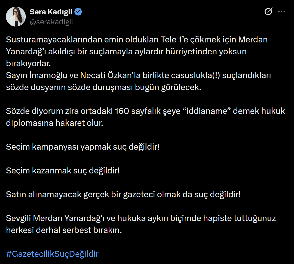 Sera Kadıgil: “iddianame” demek hukuk diplomasına hakaret olur