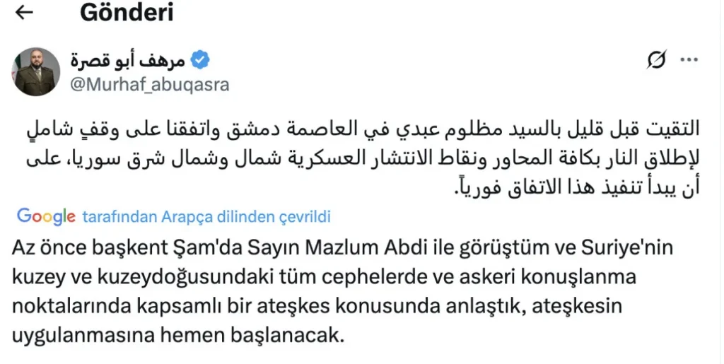 Suriye Savunma Bakanlığı’ndan flaş açıklama: Mazlum Abdi ile ateşkes anlaşması sağlandı