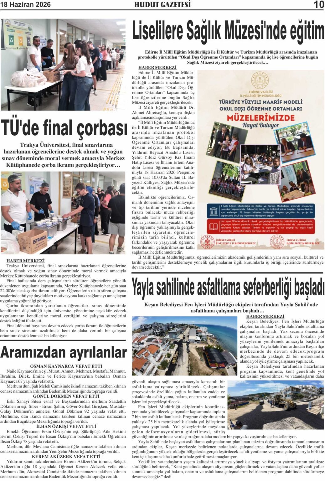20 Haziran 2026 Cumartesi Hudut Gazetesi