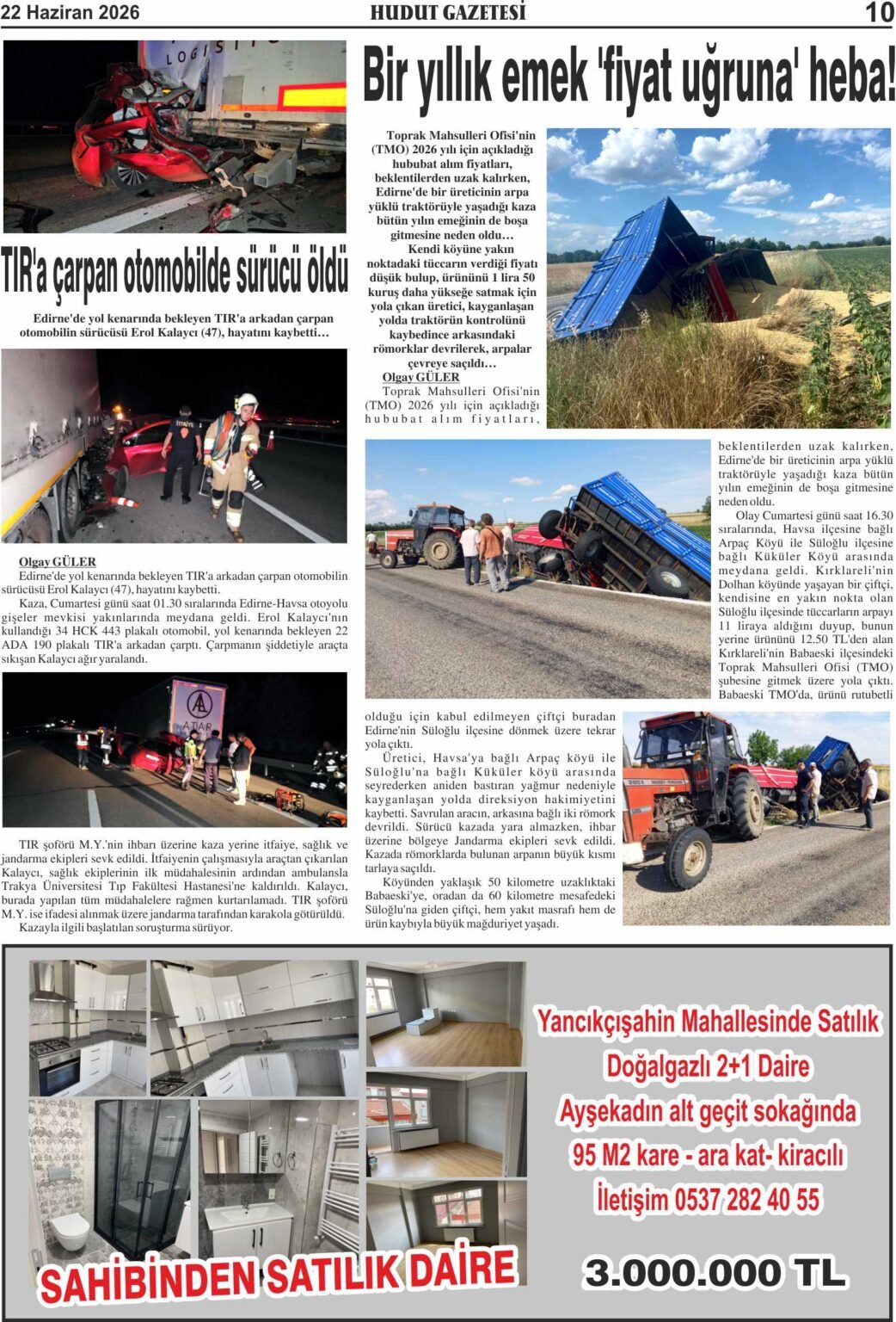 22 Haziran 2026 Pazartesi Hudut Gazetesi